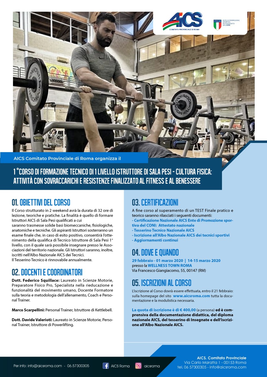 FITNESS, CORSO DI FORMAZIONE PER TECNICO DI 1° LIVELLO ISTRUTTORE SALA PESI E CULTURA FISICA